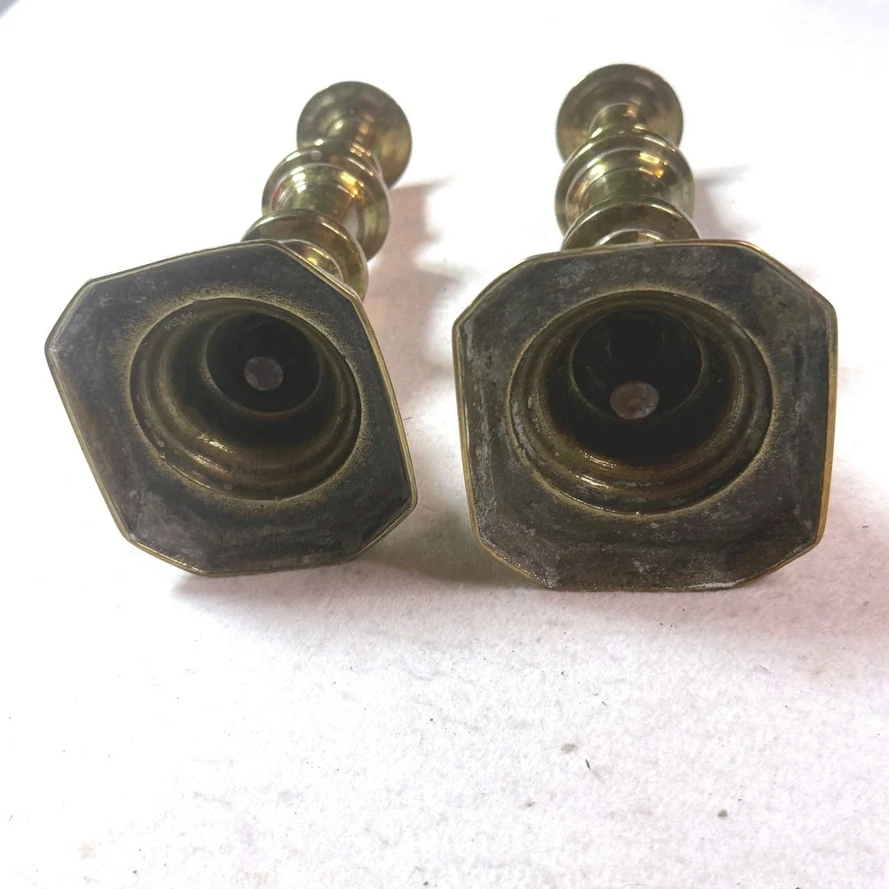 Vintage Brass Candlestick Holders Mid Century Home 9in Octagonal Regency Set 2